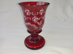 Antik Bordó Biborpácolt Bidermeier kehely, kupa, pohár -csiszolt kristály magassága 15cm,átmérő 9 cm