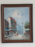 Francia városkép, olajfestmény, város utca Párizs, 1970-es évek körül, L. Jumeau, kerettel 49,5x60,5