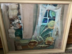 Cs. Pataj Mihály olajfestmény: Napraforgó ablakkal -  70x85 cm