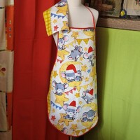 OTT57 - Karácsonyi, egér mintás pamut konyhai szett sárga széllel: kötény, konyharuha (törlőkendő)