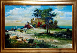 Alim Adilov: Tengerparti kisváros - kerettel 67x97cm - alkotás: 55x85cm - AA025/882