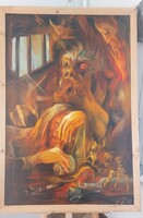 Nagyméretű szignózott festmény Kísértés  84x125 cm kerettel