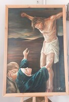 Nagyméretű szignózott festmény Keresztre feszítés  84x125 cm kerettel