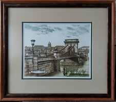 IGÉNYES KERETBEN! Gaal Domokos: Széchenyi Lánchíd – Klasszikus budapesti látkép rézkarcon