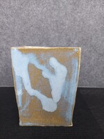 Kézműves, art deco, szögletes, folyatott mázas kerámia váza, 13,5 cm