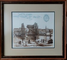 IGÉNYES KERETBEN!  Gaal Domokos: Széchenyi Lánchíd – A főváros jelképe klasszikus rézkarcon