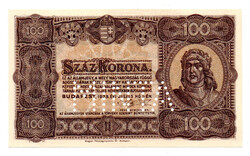 100 Korona Államjegy 1923 Magyar Pénzjegynyomda aUNC-UNC MINTA perforáció