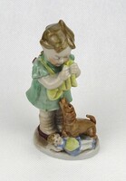 1Y220 Régi német Bertram porcelán figura kislány kutyával 13 cm