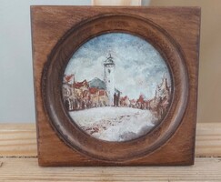 Parányi utcakép festmény 13x13 cm kerettel