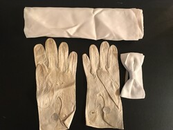 AUTÓS SZETT - NŐI - 3 db - ANTIK - SELYEMSÁL - 115 x 29 cm - PUHA  BŐRKESZTYŰ - 23 x 10 cm