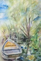 Somos Zsuzsa: Balaton partján - Alsóörs (keretezett akvarell)