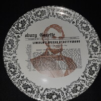 Lincoln aranyozott gyűjtői tányér - Abraham Lincoln képével gettysburgi beszédével