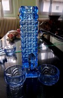 Kék üveg bütykös váza + kék üveg só bors tartó