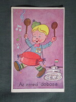 Képeslap,grafikai,művészet,ezred dobosa,katona,gyerek modell,vicc,humor,Rekord Bp. kiadás,1945-