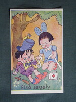 Képeslap,grafikai,művészet,első segély,katona,gyerek modell,vicc,humor,Rekord Bp. kiadás,1945-