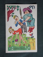 Képeslap,grafikai,művészet,Veszélyes ellenfél,vicc,humor,Rekord Bp. kiadás,1945-