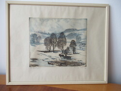 Csurgói Máté Lajos színes rézkarc: Tél Somogyban