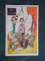 Képeslap,grafikai,művészet,Kalappróba,vicc,humor,Rekord Bp. kiadás,1945-