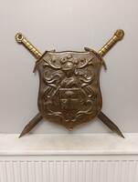Antik pajzs kard kópia sárgaréz Galvanoplastik fali dekoráció címer páncélos military 395 8505