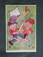 Képeslap,grafikai,művészet,Közelharc,katona,gyerek modell,vicc,humor,Rekord Bp. kiadás,1945-