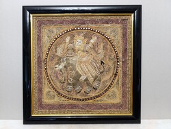 Antik ázsiai domborított hímzett flitteres gyöngyös kép elefánt Burma keretben 370 5865