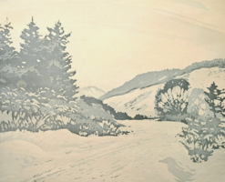 Edvi Illés Ödön (1877-1945): Havas táj (keretezett grafika) téli erdő, hófödte táj