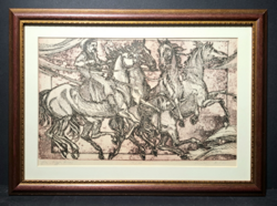 Kádas István: Lovasok, szép keretben! (szignózott rézkarc) dinamikus grafika, életkép