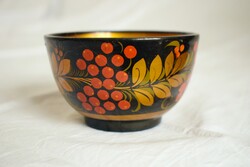 Festett , aranyozott orosz fa tál , kézműves népművészeti , kínáló 10,2 x 6,3 cm