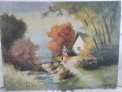 Antik olaj vàszon festmény tàjkép szép színek M. Németh Gàbor,Àcs Àgoston Neogràdi ihlette 75 x100cm