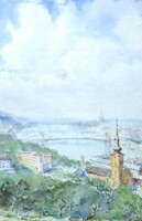 Budapesti panoráma a Lánchíddal (akvarell)  Kiss D. 1950-es évek - Duna, Buda, folyóparti tájkép