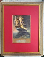 Fáy Győző (1918-2005): Menekülés - tengeri jelenet, lángoló hajó