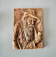 Pipázó öreg gipsz dombornyomott fali kép