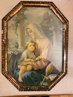 Vallási témájú nyomott kép,kissé sérült aranyozott keretben.Maria Zell-i emléktárgy.Mérete. 28x21 cm