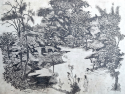 Duray Tibor: Erdei tisztáson - gyönyörű, ritka rézkarc 1967-ből - aktok, természet, erdő tájkép