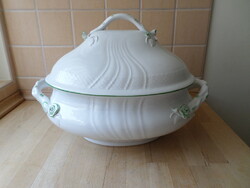 Herendi nagyobb méretű fehér porcelán leveses tál zöld kontúrral