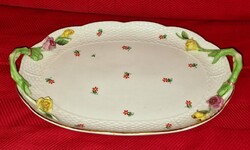 Herendi porcelán füles kínáló tál, porcelán virág applikációval