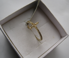 Aranyozott ezüst kereszt gyűrű, cirkóniákkal - új!