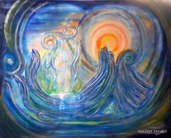 100x80 cm. Fényekkel táncolók c. energiát sugárzó zománckép., tanúsítvánnyal.