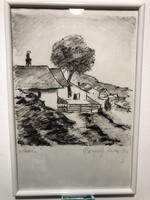 Gergely Imre (1868-1957 vagy 1960): "Tabán" aláírt, dátumozott rézkarc 1934, A4 clip fotokeretben