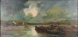 1Y322 Nyugat-európai festő: Tengerparti bárkák 1904 63.5 x 31.5 cm