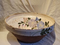 Antik nagyméretű népi festett mázas cserép lakodalmas tál fazék