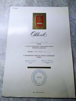 SZOT Oklevél,Szakszervezeti mozgalomban végzett munka,aláíró:Gáspár Sándor SZOT főtitkár,1978