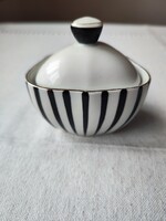 Hollóházi porcelán fekete - fehér csíkos cukortartó