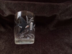 Antik parádi üveg -fecske a csőrében felírattal -kézi zománc festett  pohár 8 cm