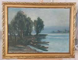 Vízpart csónakokkal  festmény  81x62 cm kerettel