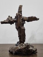Brutalista heggesztett vas szobor, kereszt, egyedi alkotás - 22 cm