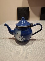 Vintage, kék zománcos, virágmintás tea-kávé kiöntő