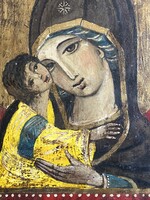 MADONNA IKON, JÉZUS ÉS MÁRIA, FESTETT ORTODOX KERESZTÉNY VALLÁSOS FESTMÉNY FA LAPON 20.5 X 23.5 CM