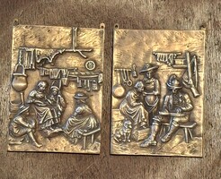 Tömör réz kép párban  falusi jelenetekkel  19,5 x 3 cm