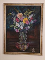 Ősz Dénes ( 1915-1980) : Virágok vázában. 1937. Nagyméretű ritka,régi festmény, karácsonyi aukció!